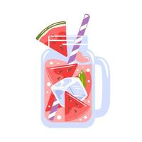 Refreshing watermelon lemonade in a clear glass mug, garnished with fruit pieces and mint leaves, topped with ice cubes, served with a colorful straw. Perfect for a hot summer day. vector