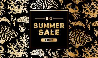 A horizontal banner, summer sale featuring a luxurious golden pattern of coral and shells, beautifully sparkling golden glitter letters, creating an eye-catching and festive atmosphere. vector