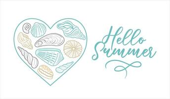 heart-shaped arrangement of assorted seashells, beautifully showcasing their unique shapes and colors. This illustration captures the essence of summer and the beach, ideal for romantic coastal themes vector
