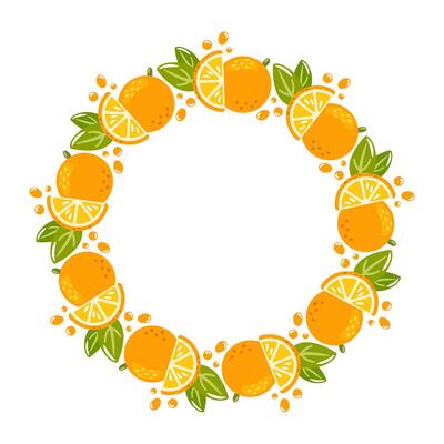 Hello Summer illustration, round frame showing juicy orange fruits and green leaves, splashes of juice. Perfect for any occasion, embodies the essence of summer and delicious taste.