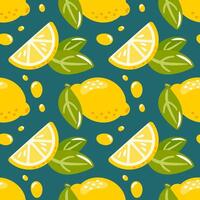A seamless pattern featuring vibrant yellow lemons against a rich dark green background. The design seamlessly repeats, creating a fresh and lively aesthetic, perfect for fabric, wallpapers, or vector