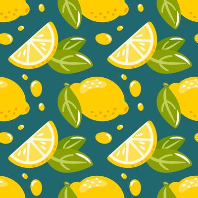 A seamless pattern featuring vibrant yellow lemons against a rich dark green background. The design seamlessly repeats, creating a fresh and lively aesthetic, perfect for fabric, wallpapers, or