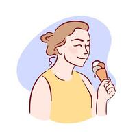 A joyful young woman indulges in a delicious ice cream cone, savoring the moment. Her cheerful expression captures the essence of summer fun and enjoyment vector