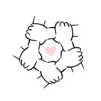 This vibrant illustration features hands interlinked to create a circle and a heart, symbolizing unity, friendship, and cooperation. It beautifully embodies the strength of collaboration and vector