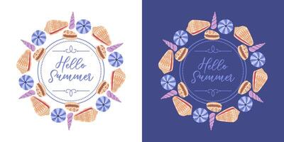 A captivating illustration featuring round frames crafted from seashells and sea urchins, designed for both light and dark backgrounds. Ideal for summer projects, beach-themed designs vector