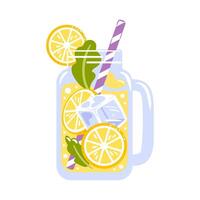 A refreshing lemonade in a clear glass mug, adorned with slices of lemon and mint leaves, complemented by ice cubes, served with a colorful straw. Perfect for a hot summer day vector