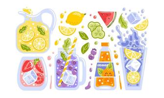 illustration showcases a vibrant set of refreshing lemonades featuring ice cubes and ingredients like lemon, strawberry, watermelon, cucumber, blueberry. orange soda, perfect for summer vibes. vector