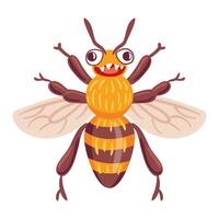 whimsical illustration features a bee with an oversized toothy grin. Its vibrant stripes and playful expression capture its cheerful personality, buzzing joyfully in a colorful meadow vector