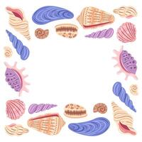 A whimsical illustration depicting a shell frame adorned with various colorful seashells, evoking a beachy vibe. Perfect for summer-themed designs, marine decor, or ocean-inspired art projects. vector