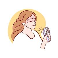 young woman is struggling with the summer heat, seeking relief with a handheld fan. frustrated expression highlights the intensity of the heat, creating a humorous and relatable scene in this sketch. vector