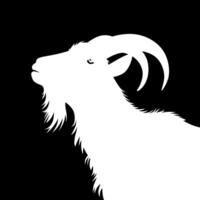 Black and white silhouette of a majestic goat with large, curved horns and a flowing beard vector