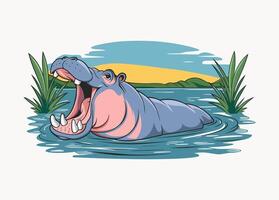 Hippopotamus with its mouth wide open, set against a lush natural background vector