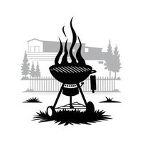Silhouette of a barbecue grill with flames, set against a suburban backdrop vector