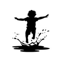 Silhouette of a child joyfully jumping in a puddle, splashing water vector