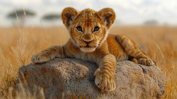 A lion cub sitting on a rock in the middle of a field photo