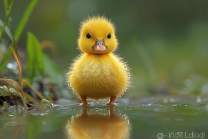 A small yellow duck standing in the water photo