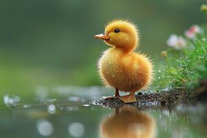 A small yellow duck standing on a rock in the water photo