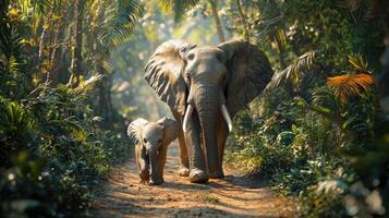 An elephant and her baby walking down a dirt path photo