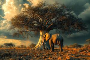 A large elephant standing under a large tree photo