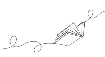 One continuous line banner open flying book. Education and knowledge library concept in simple line style. Doodle illustration vector
