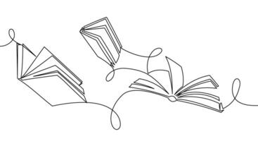 One continuous line banner of openflying books. Education and knowledge library concept in simple line style. Doodle illustration vector