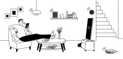 Smart home, man using smart home control system in smartphone. Various electronics with smart functions. doodle illustration, banner vector