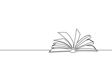 One continuous line banner open book lies on table. Education and knowledge library concept in simple linear style. Doodle illustration vector