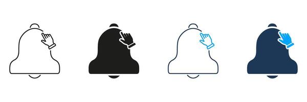 Bell Notification With Hand Gesture Line And Solid Icon Set. Alert Activation, Reminder, And Interaction Symbol Collection. User Engagement And Interface Design. Isolated Illustration vector