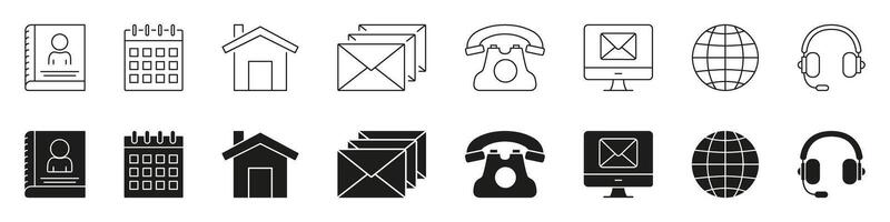 Contact And Communication Line And Solid Icon Set. Address Book, Calendar, Home, Email, Telephone, Computer, Globe, Headset Symbol Collection. Business And Networking. Isolated Illustration. vector