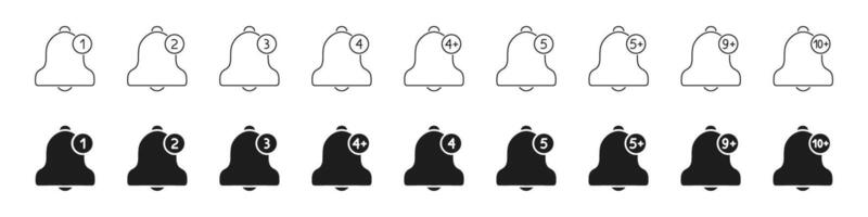 Notification Bell Icons With Number Badges. Alert And Reminder Symbols For Message And Update Indication. Communication And User Interface Design Elements. Isolated Illustration vector