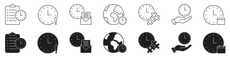 Clock And Time Management Line And Solid Icon Set. Scheduling, Deadline, And Time Tracking Silhouette Symbol Collection. Task Organization And Global Time Awareness. Isolated Illustration vector