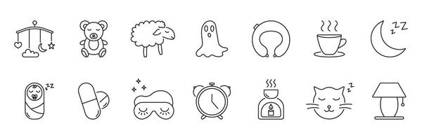 Sleep And Relaxation Line Icon Set. Bedtime Routine, Comfort, And Restful Sleep Outline Symbol Collection. Baby Mobile, Teddy Bear, Sleep Mask And More. Editable Stroke. Isolated Illustration vector