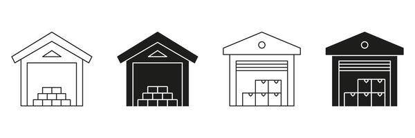 Warehouse Storage Line And Solid Icon Set. Logistics, Inventory Management, And Goods Storage Silhouette Symbol Collection. Distribution And Supply Chain. Isolated Illustration vector