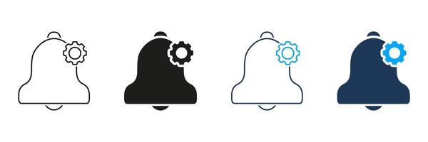 Notification Bell With Gear Line And Solid Icon Set. Alert Settings, Customization, And Configuration Silhouette Symbol Collection. Manage Notifications And Preferences. Isolated Illustration vector