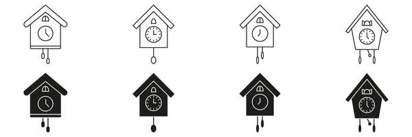 Cuckoo Clock Line And Solid Icon Set. Traditional Timekeeping And Home Decor Symbol Collection. Vintage Wall Clock Design Elements. Isolated Illustration vector