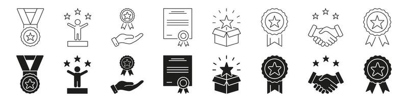 Award And Recognition Line And Solid Icon Set. Achievement, Excellence, And Success Symbol Collection. Medals, Certificates, And Handshakes. Isolated Illustration vector
