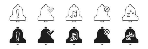 Notification Bell Icon Set. Alert, Confirmation, Music, Mute, And Sleep Mode Symbols Collection. Versatile Notification Management Icons For Apps And Interfaces. Isolated Illustration vector
