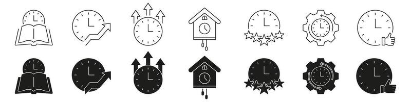 Clock And Time Management Line And Solid Icon Set. Productivity, Efficiency, And Scheduling Symbol Collection. Time Tracking And Planning. Isolated Illustration vector
