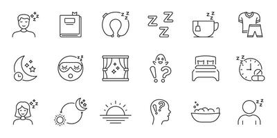 Sleep And Relaxation Line Icon Set. Restful Sleep, Nighttime Routine, And Relaxation Symbols Collection. Includes Sleep Mask, Bed, Moon. Editable Stroke. Isolated Illustration vector