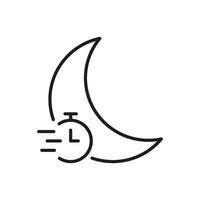 Moon With Stopwatch Line Icon. Nighttime Efficiency, Sleep Tracking, And Time Management Outline Symbol. Restful Sleep Optimization. Editable Stroke. Isolated Illustration vector