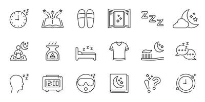 Sleep And Relaxation Line Icon Set. Nighttime Routine, Restful Sleep, And Relaxation Symbols Collection. Bedtime Essentials And Sleep Hygiene. Editable Stroke. Isolated Illustration vector