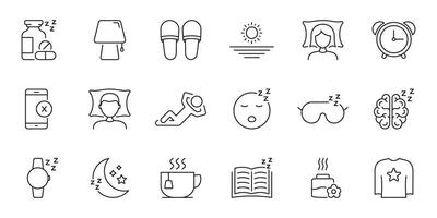 Sleep And Relaxation Line Icon Set. Restful Sleep, Relaxation Techniques, Nighttime Routine Outline Symbol Collection. Sleep Hygiene And Wellness. Editable Stroke. Isolated Illustration vector