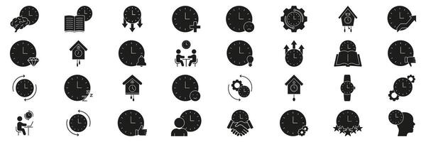 Clock And Time Management Solid Icon Set. Productivity, Efficiency, And Scheduling Silhouette Symbol Collection. Includes Clocks With Brain, Book, Gear, And More. Isolated Illustration vector