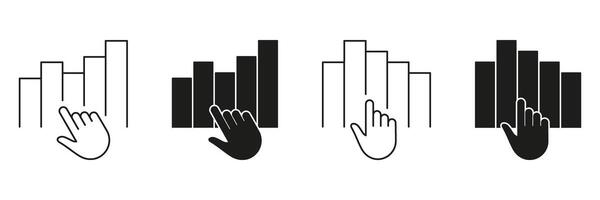 Hand Interacting With Bar Chart Line And Solid Icon Set. Data Analysis, Interactive Graphs, And Business Analytics Symbol Collection. Isolated Illustration vector