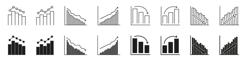 Bar And Line Graphs Line And Solid Icon Set. Data Analysis, Financial Trends, And Business Performance Visualization Symbol Collection. Statistical Market Insights. Isolated Illustration vector
