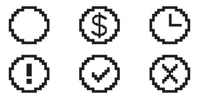 Pixel Art Icon Set Featuring Dollar Sign, Clock, Exclamation Mark, Checkmark, And Cross. Financial, Time Management, Alert, Approval, And Rejection Symbols. Isolated Illustration vector