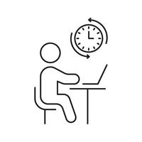 Person Working At Desk With Clock Line Icon. Time Management, Productivity, And Remote Work Outline Symbol. Efficient Workflow And Scheduling. Editable Stroke. Isolated Illustration vector