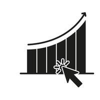 Bar Chart With Arrow And Cursor Solid Icon. Data Analysis, Growth Tracking, And Interactive Analytics Silhouette Symbol. Business Performance Monitoring. Isolated Illustration vector