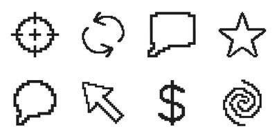 Pixel Art Icon Set Featuring Target, Refresh, Speech Bubble, Star, Cursor, Dollar Sign, And Spiral. Versatile Pixelated Symbol Collection For Digital Interfaces. Isolated Illustration vector