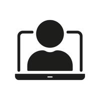 Person On Laptop Screen Solid Icon. Virtual Meeting, Online Communication, And Remote Work Silhouette Symbol Collection. Digital Interaction And Telecommuting. Isolated Illustration vector